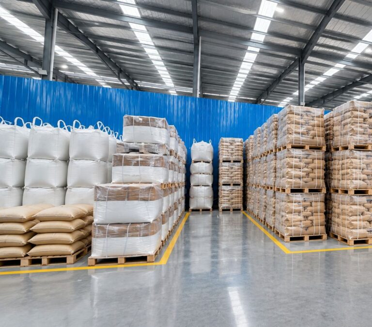 Spacious warehouse neatly stocked with palletized water treatment chemicals, including bulk big bags and woven sacks arranged along marked aisles