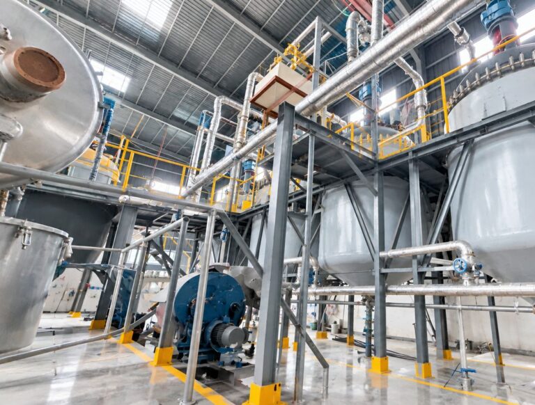 Large reaction tanks and pipeline system for water treatment chemical production with steel platforms and yellow safety railings inside industrial workshop