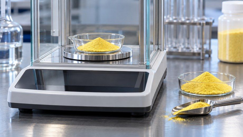 Precision dose weighing for PAC 28% vs 30% polyaluminium chloride yellow powder on analytical balance
