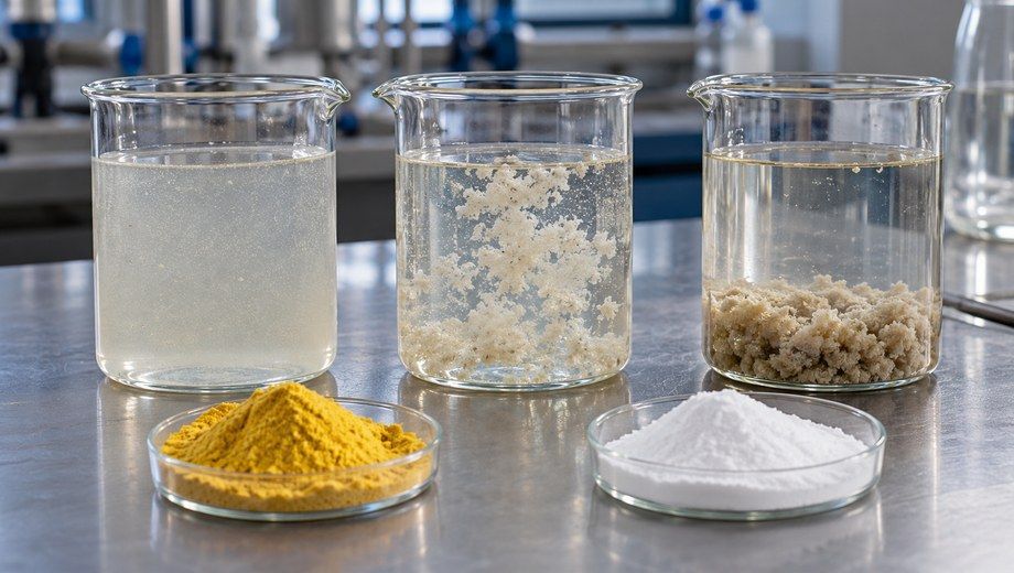 PAC yellow powder and PAM white powder alongside beakers showing progressive coagulation and flocculation stages
