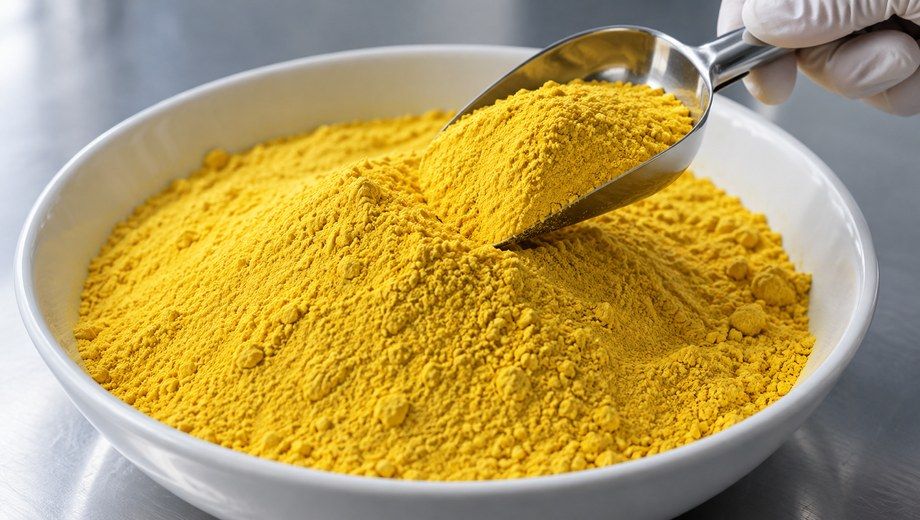 PAC yellow powder quality inspection, gloved hand holds metal scoop with polyaluminium chloride powder