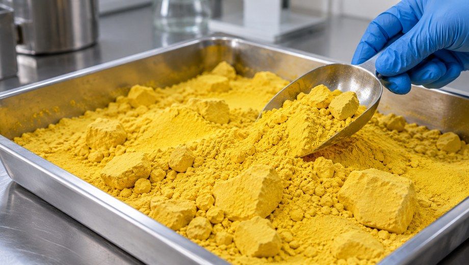 Gloved hand scooping caked yellow PAC powder for storage stability and agglomeration inspection
