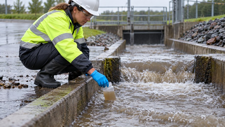 Field technician collecting stormwater runoff sample for PAC coagulation treatment test