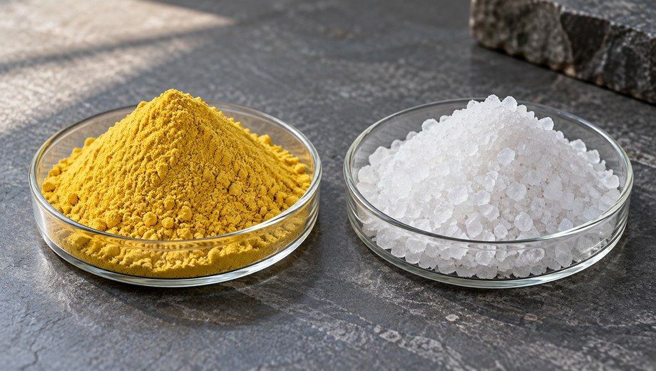 Yellow PAC powder and crystalline aluminum sulfate samples in glass petri dishes for water treatment comparison