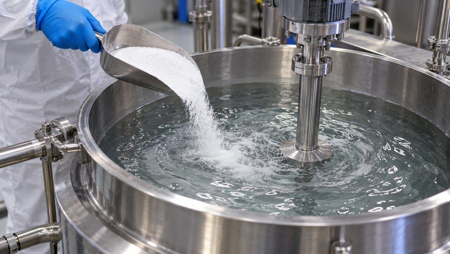 Worker adding PAM powder slowly into mixing tank for controlled wetting and dissolution