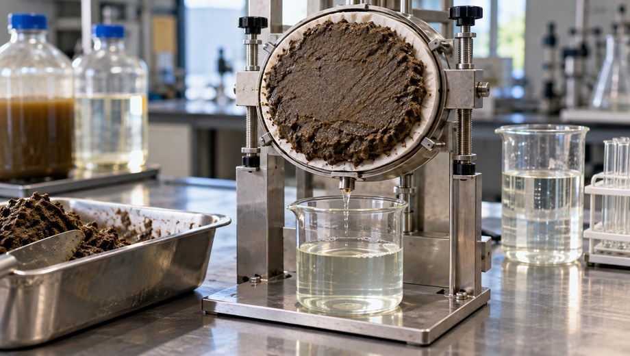 Sludge dewatering laboratory trial for PAM selection, filter press test separating sludge and clear wastewater