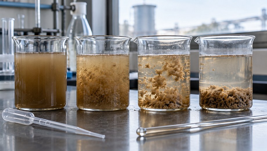 Step-by-step PAM controlled flocculation trial showing sewage clarification and floc sedimentation