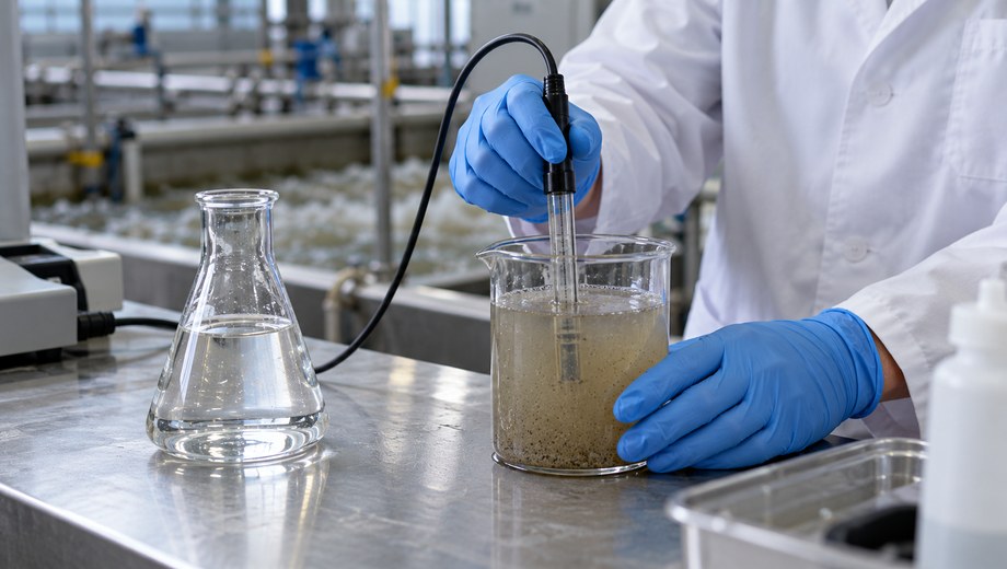Lab technician testing pH value of PAM flocculation wastewater sample with pH electrode