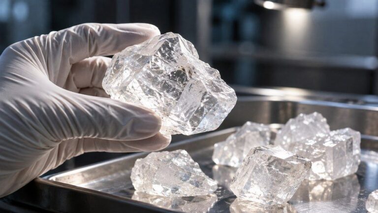 Quality inspection of transparent potassium alum crystal, gloved hand holding alum chunk in factory lab