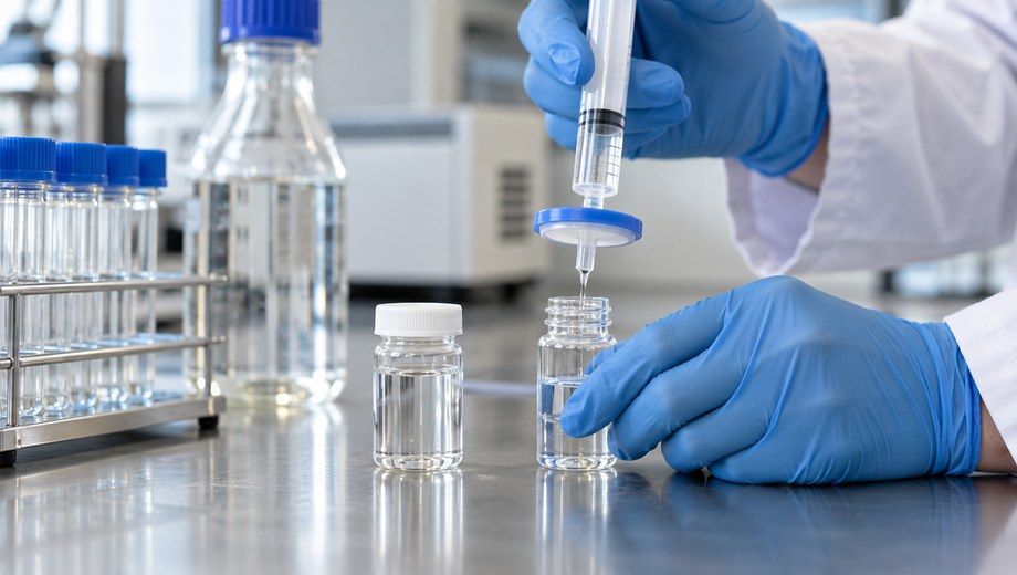 Lab technician filtering water sample with syringe filter for residual aluminum testing