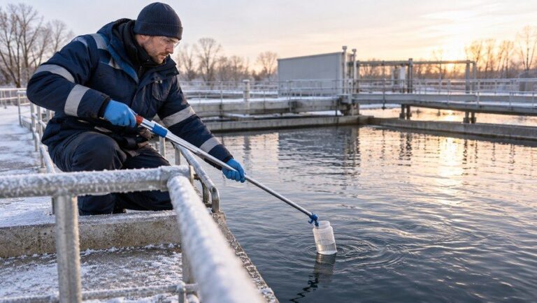 Water treatment worker collecting water sample at wastewater tank on cold winter day