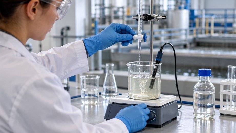 Lab technician performing titration test for wastewater pH neutralization with pH probe and magnetic stirrer