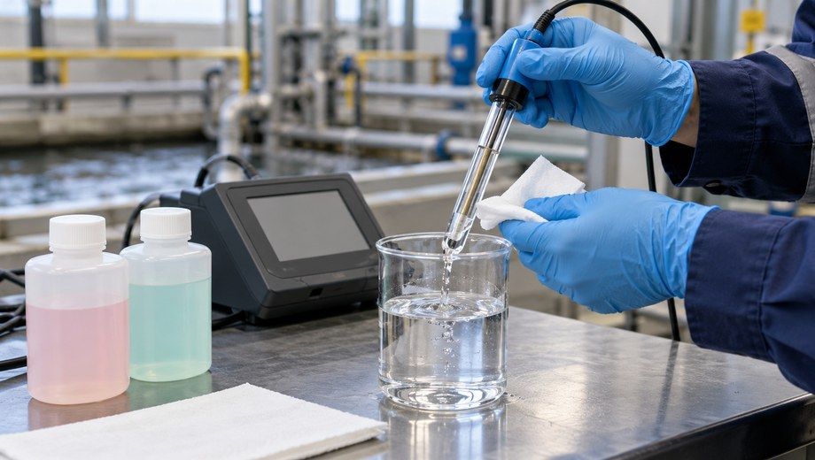 Technician calibrating pH probe with buffer solutions for wastewater water quality testing